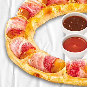 Nothing but stuffed crust, Jumbo Cheesy Suasage with Crispy Bacon Crust with Dipping Sweet Thai Chili & Dipping Sriracha!